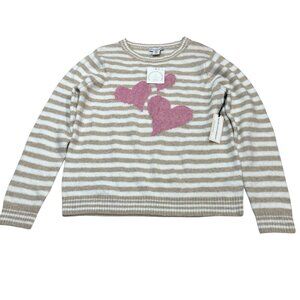Cupcakes & Cashmere Sweater Womens M Tan Cream Striped Hearts Pullover Soft